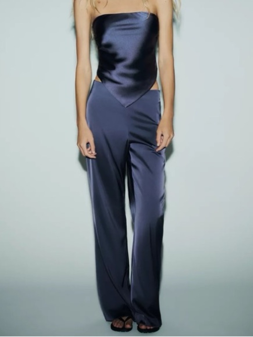 Zara Navy Satin Scarf Top